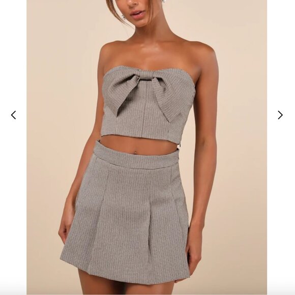 Lulus Brand New Plaid Bow Crop Top & Tweed Box Pleated Skort - Picture 1 of 8